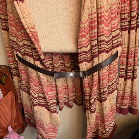 Y2K Striped Belted Sweater Cardigan Women's Large Pink Chevron Hooded Wool Blend - Picture 6 of 8